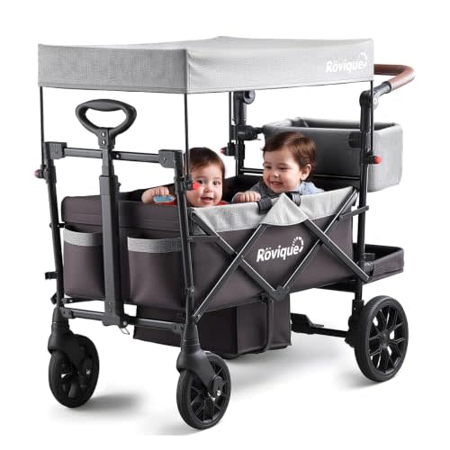 Wagon Stroller for 2 Kids, Premium Stroller Wagon for Kids with Extendable | Adjustable Handle, Removable Canopy, Safety Harness & Storage Organizer, All-Terrain Foldable Baby Wagon for Outdoors