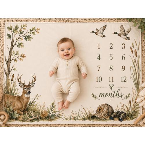 Woodland Deer Baby Milestone Blanket, Hunting Nursery Decor, Velveteen Plush Throw