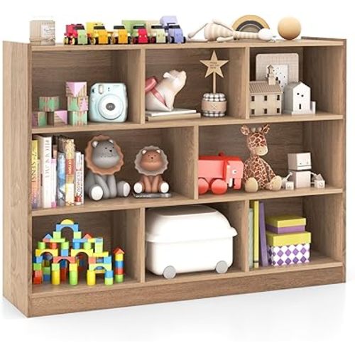 HONEY JOY Kids Toy Storage Organizer, 8-Section Storage Daycare Shelf for Preschool, Children 3-Tier Open Wooden Display Book Shelf Organizer for Classroom, Playroom & Nursery, Kindergarten(Natural)