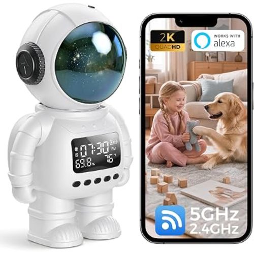 2K Indoor Astronaut Clock Robot Security Camera, 2.4G/5G WiFi Baby Monitor Pet Dog Camera with App, Long Battery Life, Two-Way Audio, Color Night Vision, PIR Motion Detection, Cloud & TF Card Storage