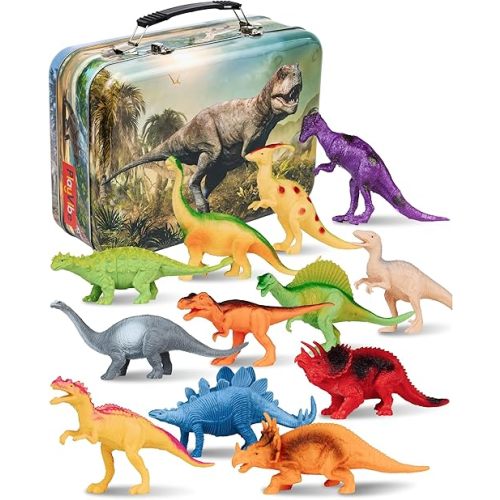 PLAYVIBE Dinosaur Toys - 12 Realistic 7-Inch Models, Multi-Color, Metal Storage Box - Dinosaur Figures & Action Figures for Kids Ages 3-7