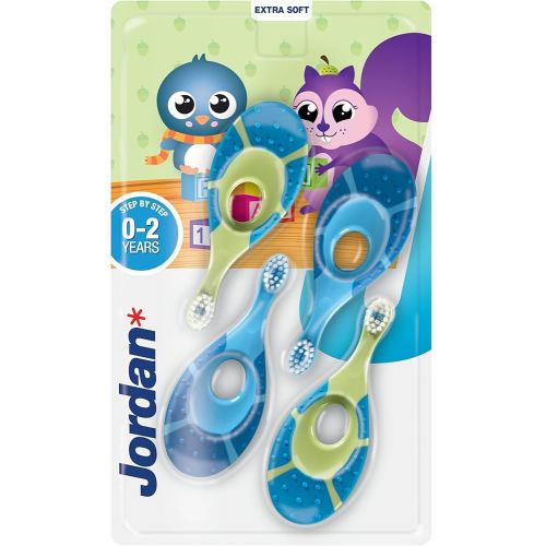 Jordan* | Step 1 Baby Toothbrush | 0-2 Years, Soft Bristles, BPA Free | Green & Blue | 4 Pack