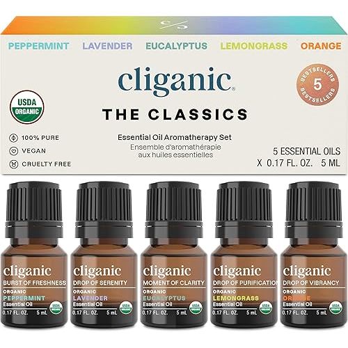Cliganic Organic Essential Oils Set (Top 5 - The Classics) - 100% Pure Natural - Aromatherapy, Candle Making - Peppermint, Lavender, Eucalyptus, Lemongrass & Orange