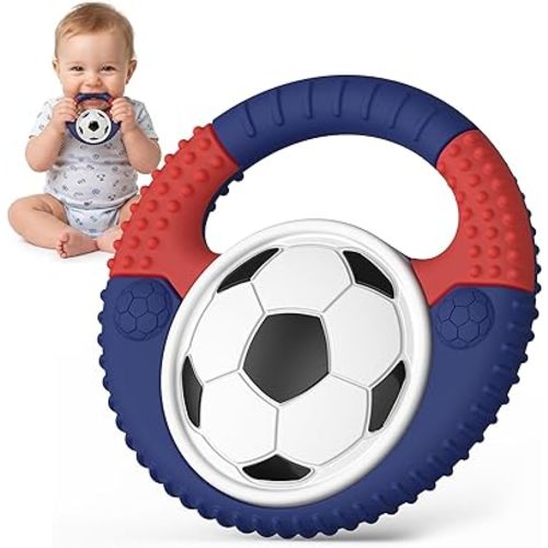 Baby Teething Toys Silicone Baby Soccer-Themed Teether Over 3 Months - Sensory Chew Toys - Baby Teether for Teething Relief - BPA Free Infant Toys Baby Shower Gifts (Blue&Red)