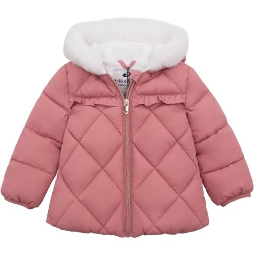 Rokka&Rolla Baby Girls' Water-Resistant Puffer Jacket Hooded Winter Coat with Soft Mini Fur Lining for Newborn Infant Toddler