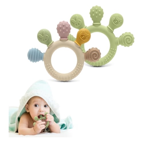 Silicone Teether for Babies 2-Pack – Soft & Easy Grip Teething Toys for Infants & Toddlers – 100% Food Grade Silicone, CPC Certified, BPA-Free Gum Soothers (Palm Teether/Colorful & Blue)
