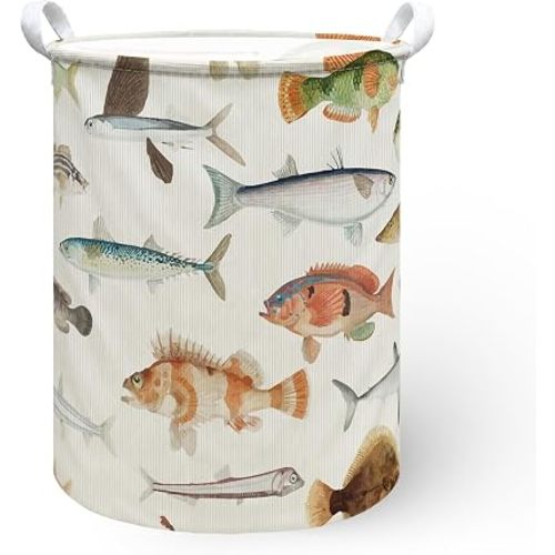 Lake House Fishing Gifts, Fish Laundry Hamper Basket, 13.8x17.8inch