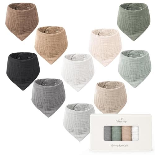 Konssy 10 Pack Baby Muslin Bandana Bibs for Drooling and Teething | 100% Cotton, 6-Layer Bibs, Pre-Washed Soft & Absorbent, Adjustable Neck Fit, Boys & Girls 0-36M