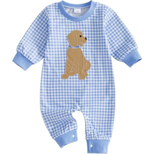 Baby Boy Romper Sweatshirt Puppy Dog Jumpsuit Plaid Fall Outfit