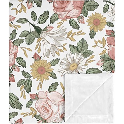 Sweet Jojo Designs Vintage Floral Baby Girl Receiving Security Swaddle Blanket for Newborn or Toddler Nursery Car Seat Stroller Soft Minky - Pink Yellow Green Boho Shabby Chic Rose Flower Farmhouse