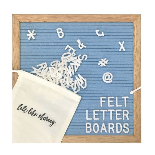 Light Blue Handmade Felt Letter Board Set with Wood Oak Frame 10x10 inch - Comes with 300 3/4 Inch White Letters and Canvas Bag