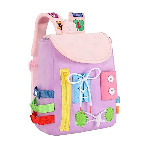 Busy Board - Toddler Backpack with Buckles and Learning Activity Toys - Develop Fine Motor Skills and Basic Life Skills - Learn to Tie Shoes - Children's Travel Toy (Purple)