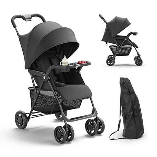 Lightweight Umbrella Stroller, Travel Stroller with Near-Flat Recline & Snack Tray, Compact Folding with One Hand, UPF50+ Sun Canopy, Theme Park Approved