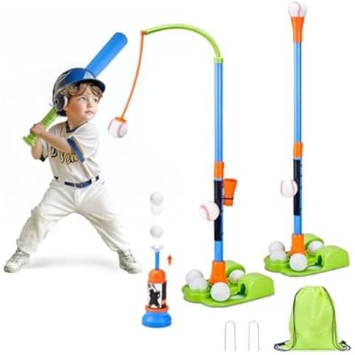 JoyCat 3-in-1 T Ball Set for Kids 3-5,Toddler Baseball Set-T Ball Stand,Hanging Tee,Auto Launcher,6 Balls-Adjustable Height Sports&Outdoor/Indoor Toys for 3 4 5 6 7 8 Year Old Boy Girl Birthday Gift