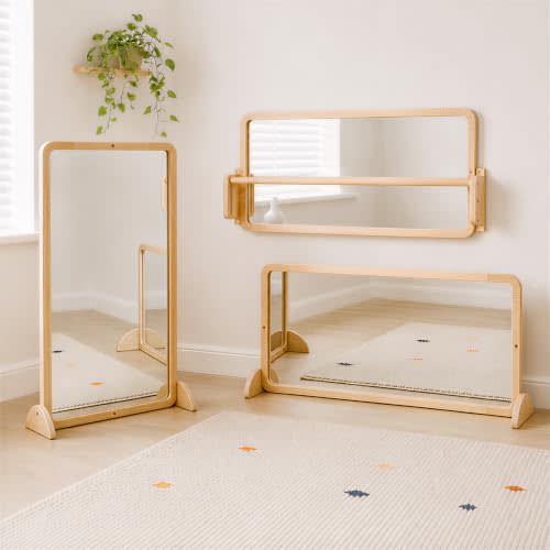 Woodtoe 4-in-1 Montessori Mirror with Bar, Adjust Tummy Time Floor Mirror | Baby Pull to Stand Toy, Natural Unpainted Solid Wood Frame, Baby Pull Up Bar, Developmental Toys for Nursery (Large Size)