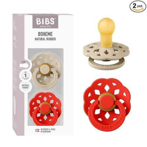 BIBS Boheme Pacifier 2-Pack. BPA Free, Round Nipple. Natural Rubber Latex, Made in Denmark, Size 1 (0-6 Months) - Vanilla/Candy Apple