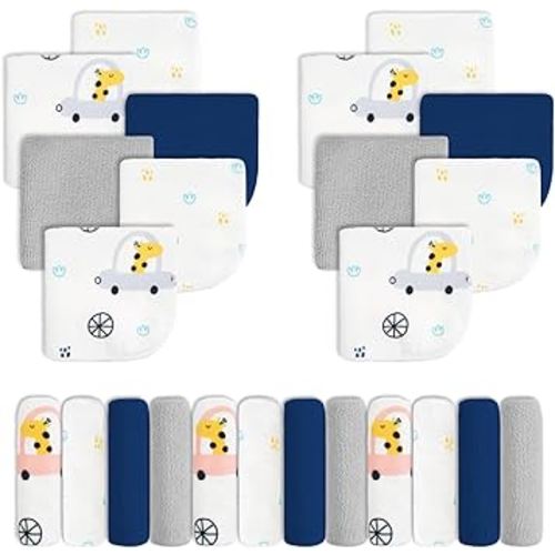 Viviland Baby Washcloths, Super Soft Baby Bath Towels for Newborn 24 Pack, Absorbent Face & Body Wash Cloth for Baby Girl, Blue-Giraffe Pattern, 9 x 9 inch