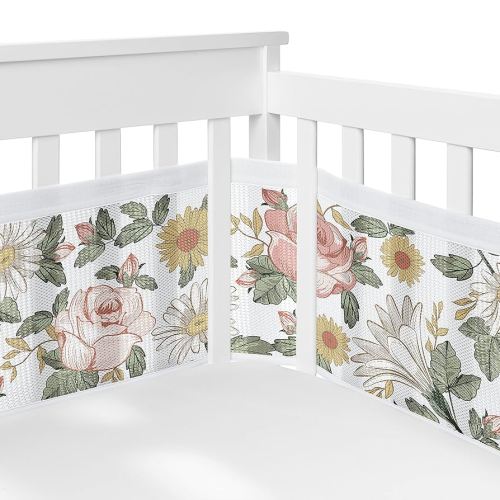 Sweet Jojo Designs + BreathableBaby Blush Pink Yellow Vintage Floral Boho Girl Breathable Mesh Crib Liner Baby Infant Bohemian Shabby Chic Daisy Flower Farmhouse Wildflower Leaf Sage Green