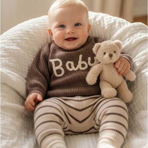Newborn Baby Boy Cartoon Letter Pattern Round Neck Drop Shoulder Sweater & Striped Pants Sweater Set, Suitable For Autumn/Winter, Indoor, Outdoor, Casual Versatile | SHEIN USA