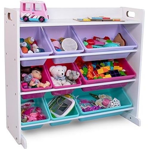 Humble Crew Crafts and Toy Storage Organizer with Top Shelf and 9 Removable Bins, White/Pink/Purple/Aqua Toddler Bookshelf with Organizer - Modern Rack Ideal for Kids' Rooms, Playrooms, and Nurseries