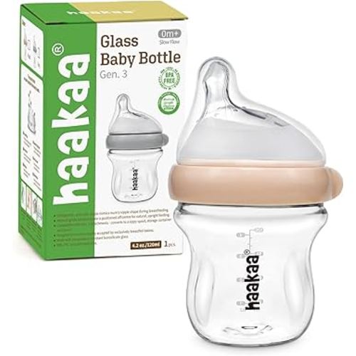 haakaa Gen.3 Natural Glass Baby Bottle 4.2oz/120ml - Wide Neck, Anti-Colic Slow Flow Nipple,Easy to Clean, 0M+ Breastfed Babies, Newborn Registry Essentials,BPA Free-Peach