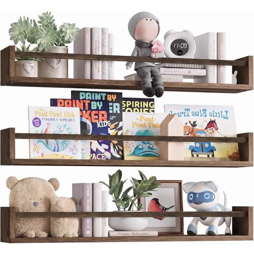 Fixwal Floating Nursery Book Shelves for Wall, 23.6 Inches, Set of 3, Brown