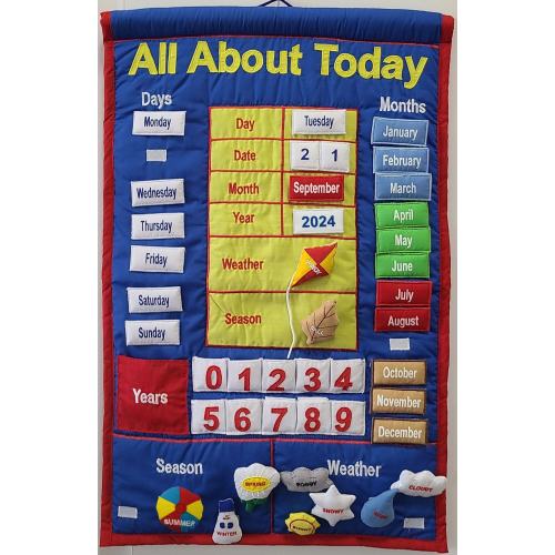 All About Today Kids Cloth Calendar by Pockets of Learning Interchangable Early Learning Preschool Wall Hanging (English or Spanish/Espanol)