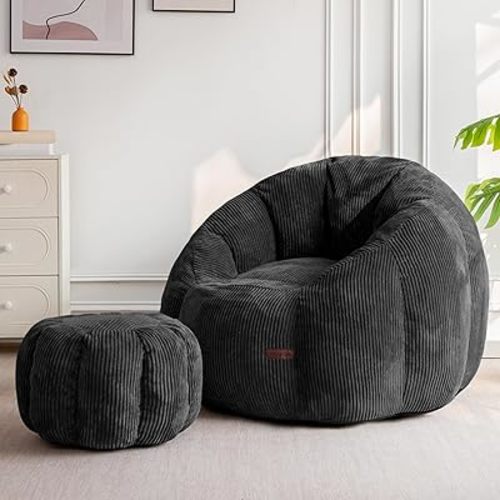 MAXYOYO Giant Bean Bag Chair with Ottoman, Pumpkin-Shaped Bean Bag Sofa with Footstool, Oversized Boneless Couch Chair in a Box, Comfy and Lazy Lounge for Dorm, Living Room, Bedroom, Black