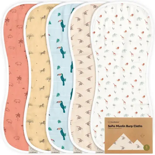 5-Pack Muslin Burp Cloths Baby Boy, Girl - Very Absorbent Baby Burp Cloth Rags, 8-Layers Viscose Derived from Bamboo Cotton Muslin Towel, Super Soft Spit Up Rags, No Shrink Washcloths (Wildscape)