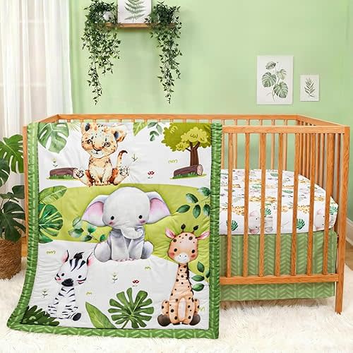 Baby Crib Bedding Set Safari Neutral Crib Nursery Comforter Bed Sets Decor with Fitted Crib Sheet, Comforter and Bed Skirt for Unisex Boys Girls (Safari)