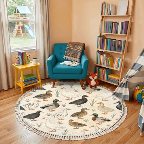 Washable Non Slip 4ft Round Rug, Diverse Ducks Habitat Circle Area Rugs with Tassels Various Breeds Grassy hunting Carpet for Nursery Bedroom Living Room Playroom Tent Rug