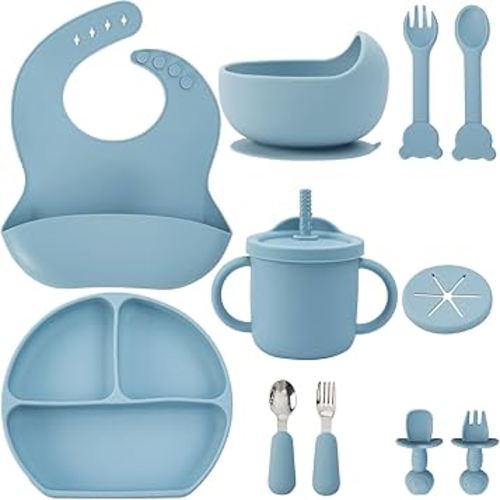 Baby Silicone Feeding Set, 13PCS Baby Self Feeding Set, Toddler Led Weaning Utensils Sets with Suction Bowl and Plate, 3 Set of Baby Spoons and Forks, Adjustable Bid, Sippy Cup with Straw and 2 Lids