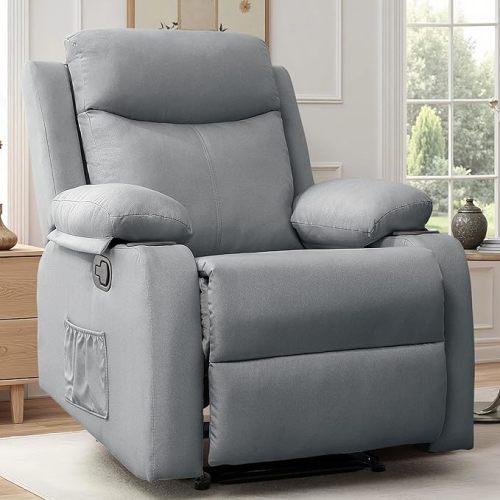 Korser Recliner Chair for Adults, Small Recliners for Small Spaces, Nursery Recliner with Adjustable Backrest, Manual Recliner with Cup Holders and Side Pockets, Chair for Living Room, Lightgrey