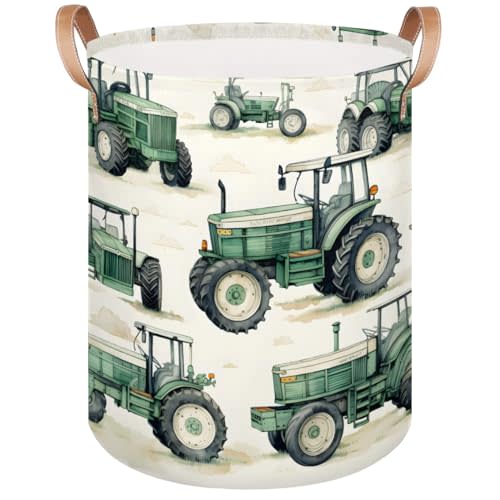 Tractor Truck Laundry Basket Collapsible Dirty Clothes Vintage Greem Laundry Hamper Canvas Waterproof Storage Baskets Baby Toys Organizer Bin Kids Nursery Hamper for Bathroom Bedroom