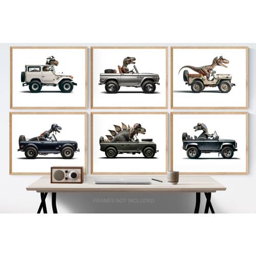 Set of Six Dinos Driving 4x4s, Unframed Photo Prints or Canvases, Dino Nursery Decor, Dinosaurs in cars Wall art, Bronco, Rovers, Scout