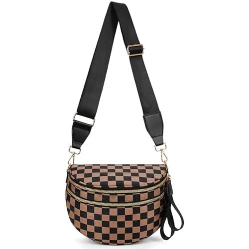 Checkered Crossbody Bag,Spacious Bum Bags for Women Nylon Crossbody Fanny Packs Checkered Purse Belt Wallet