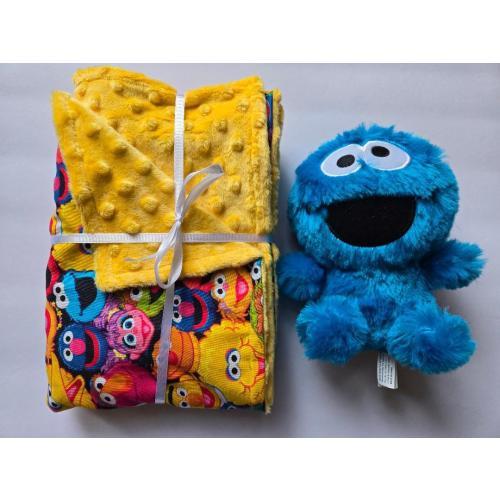 Sesame Street minky fleece cotton baby blanket 26"x28" with Cookie Monster plush stuffed animal