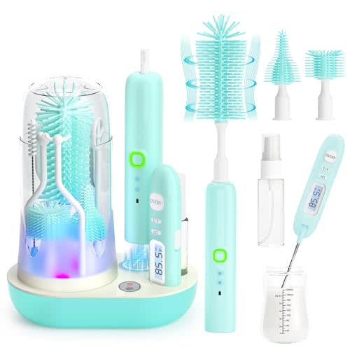 Electric Bottle Brush Cleaner,Wireless Charging Electric Baby Bottle Brush Cleaner,Nipple/Straw/Bottleneck Brush,Food Thermometer,Formula Mixer-IPX7 Waterproof,Travel Bottle Cleaner Kit for Newborn