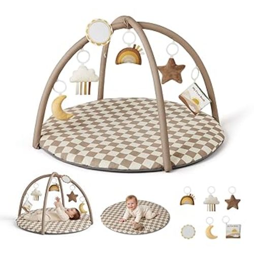 Blissful Diary Baby Play Gym Mat, Play Mat Activity Mat with 6 Detachable Toys for Stage-Based Sensory & Motor Skill Development, Easy to Install & Clean, Baby Essentials Gift, Brown Checkerboard
