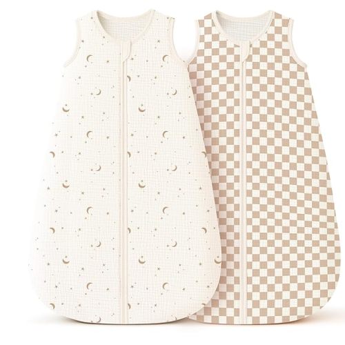Konssy Muslin Baby Sleep Sack 6-12 Months 0.8 TOG, 2 Pack 100% Cotton Wearable Blanket for Babies, 2-Way Zipper Breathable Sleeping Sack Infant Toddler Essentials for Girls and Boys(Moon,Coffee Check)