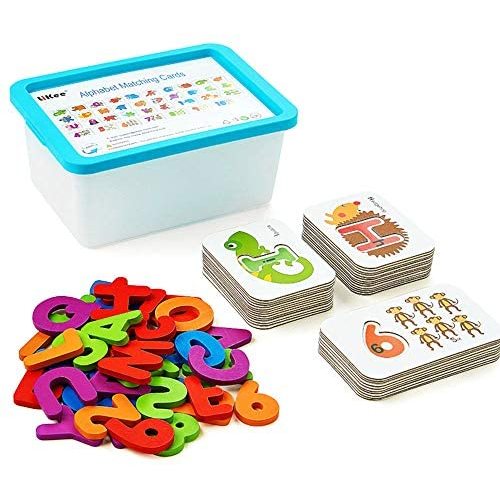 LiKee Alphabet Number Flash Cards Wooden Letter Puzzle ABC Sight Words Match Games Animal Counting Board Preschool Educational Montessori Toys for Toddlers Boys Girls 3+ Years (36 Cards& 37 Blocks)