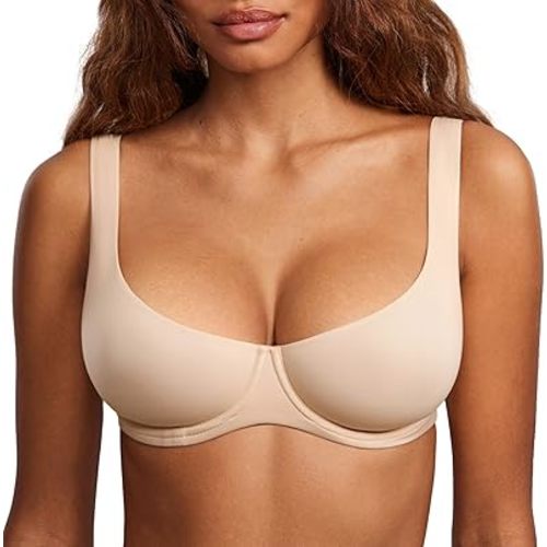 DOBREVA Women's Unlined Balconette Bra Underwire Supportive Plus Size Smooth Scoop Neck