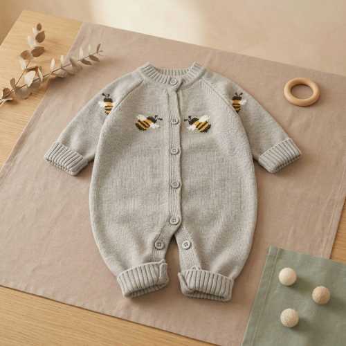 Bee Knitted Baby Romper, Grey Cartoon Newborn Jumpsuit, Spring Infant Outfit, Unisex Onesie, Baby Shower Gift