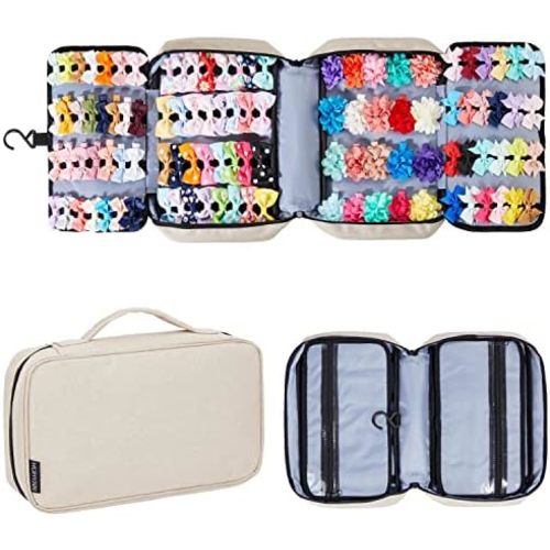 Hair Accessories Organizer for Girls, Hair Accessories Storage Bag, Hair Bow Storage Organaizer for Girls with Multi-Compartments, Baby Hair Accessories Organizer for Travel (Beige)