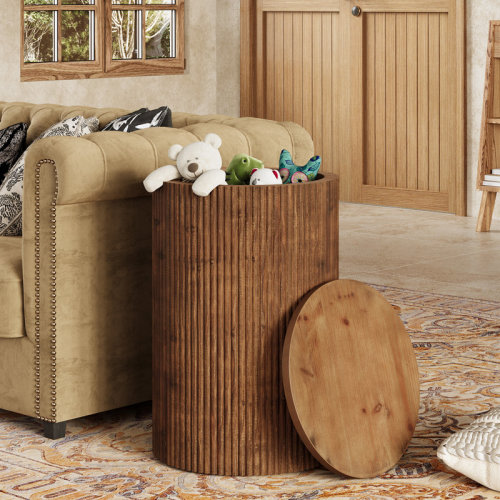 Millwood Pines Solid Wood Round Side Table With Storage, No-assembly Fluted End Table With 4 Wheels, Wooden Nightstand For Small Spaces, Living Room, Bedroom, Study Room (walnut, Fully Assembled)