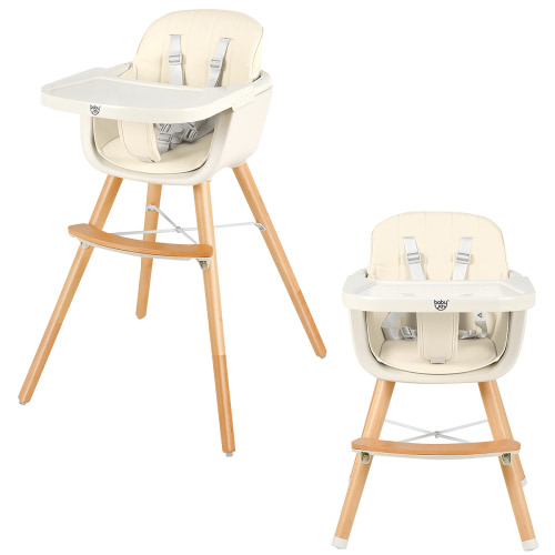 Babyjoy 3 in 1 Convertible Wooden High Chair Toddler Feeding Chair with Cushion Beige
