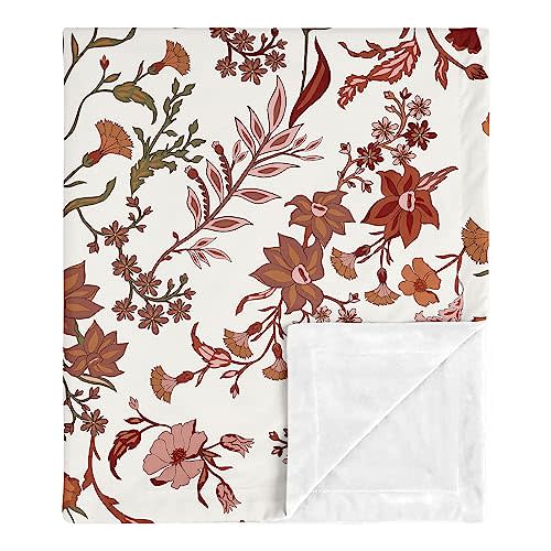 Sweet Jojo Designs Ivory and Orange Boho Vintage Floral Girl Soft Baby Blanket Receiving Security Stroller Swaddle Toddler Newborn Infant Kids Travel Warm Minky Bohemian Rust Botanical Green Fringe