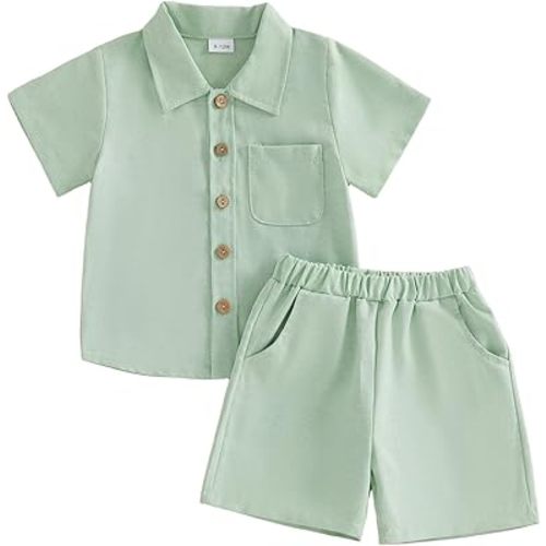 Baby Boys Summer Outfit Cotton Button Down Shirt and Shorts Set Toddler Infant Clothes for Beach Baptism Birthday