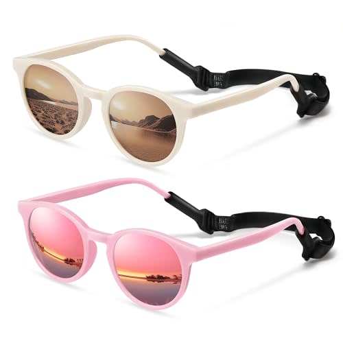 Vcarsian Cute Kids Polarized Sunglasses,Baby Sun Glasses with Strap for Toddler Girls Boys Flexible Round UV Protection