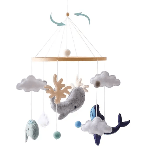 Montessori Baby Mobile for Crib Ocean Animals Crib Mobile Woodland Nursery Decor Soothe Toys for Ceiling Hanging Felt Ball Sea Blue Whale, White Clouds Baby Shower for Boys Girls Gifts